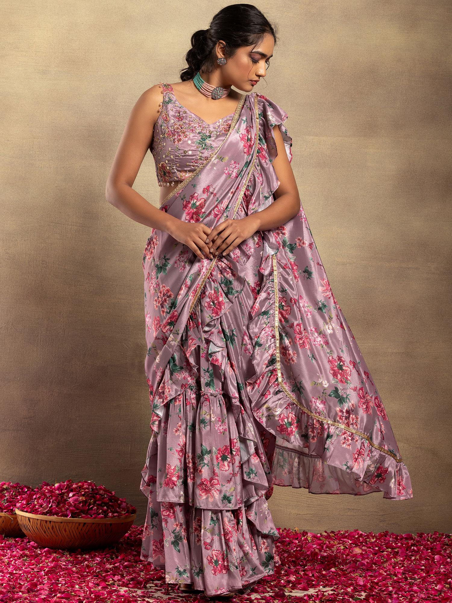 x varun bahl dull pink floral print ruffled ready to wear saree with stitched blouse