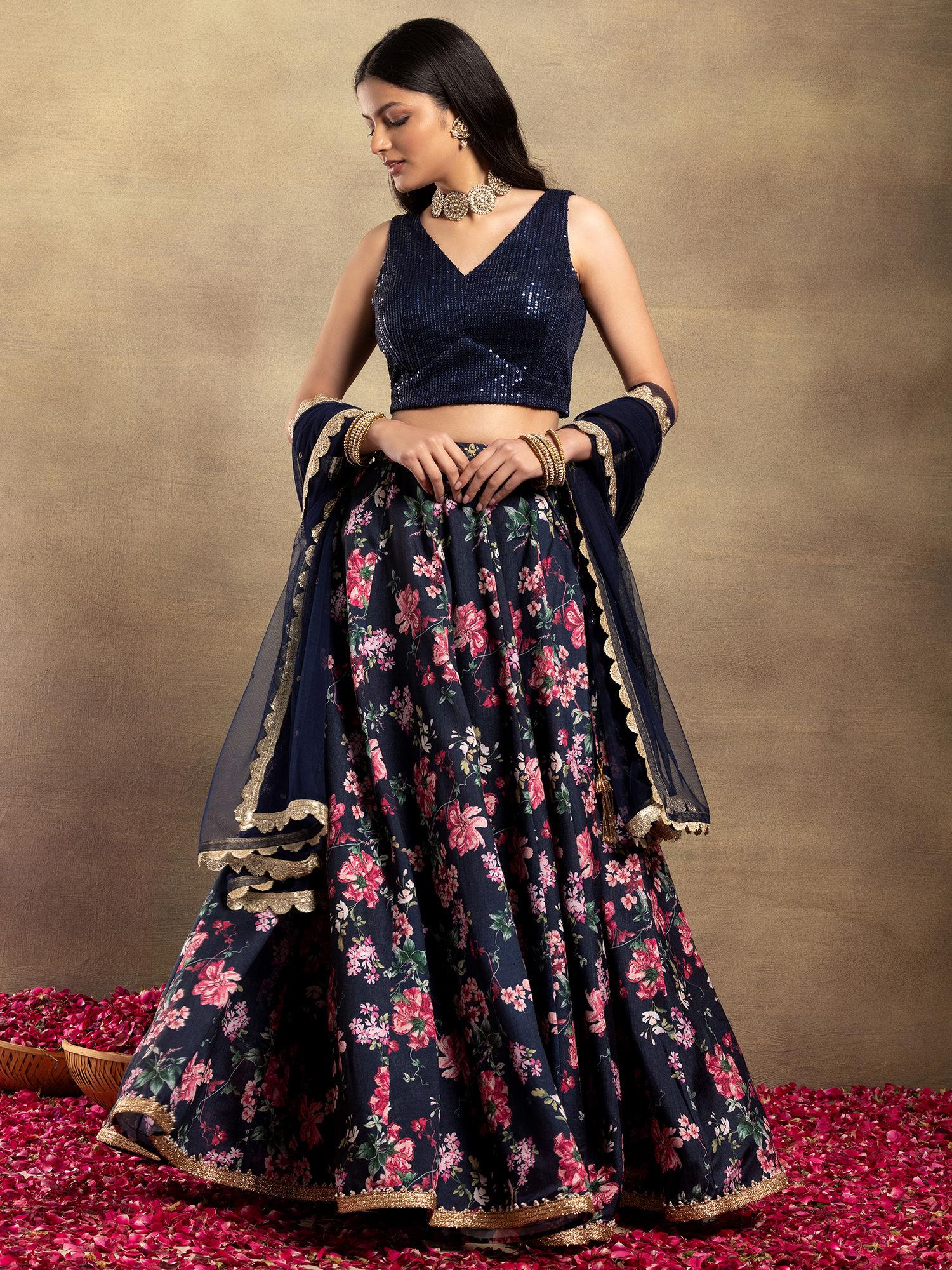 x varun bahl navy blue floral print silk lehenga with blouse and dupatta (set of 3)