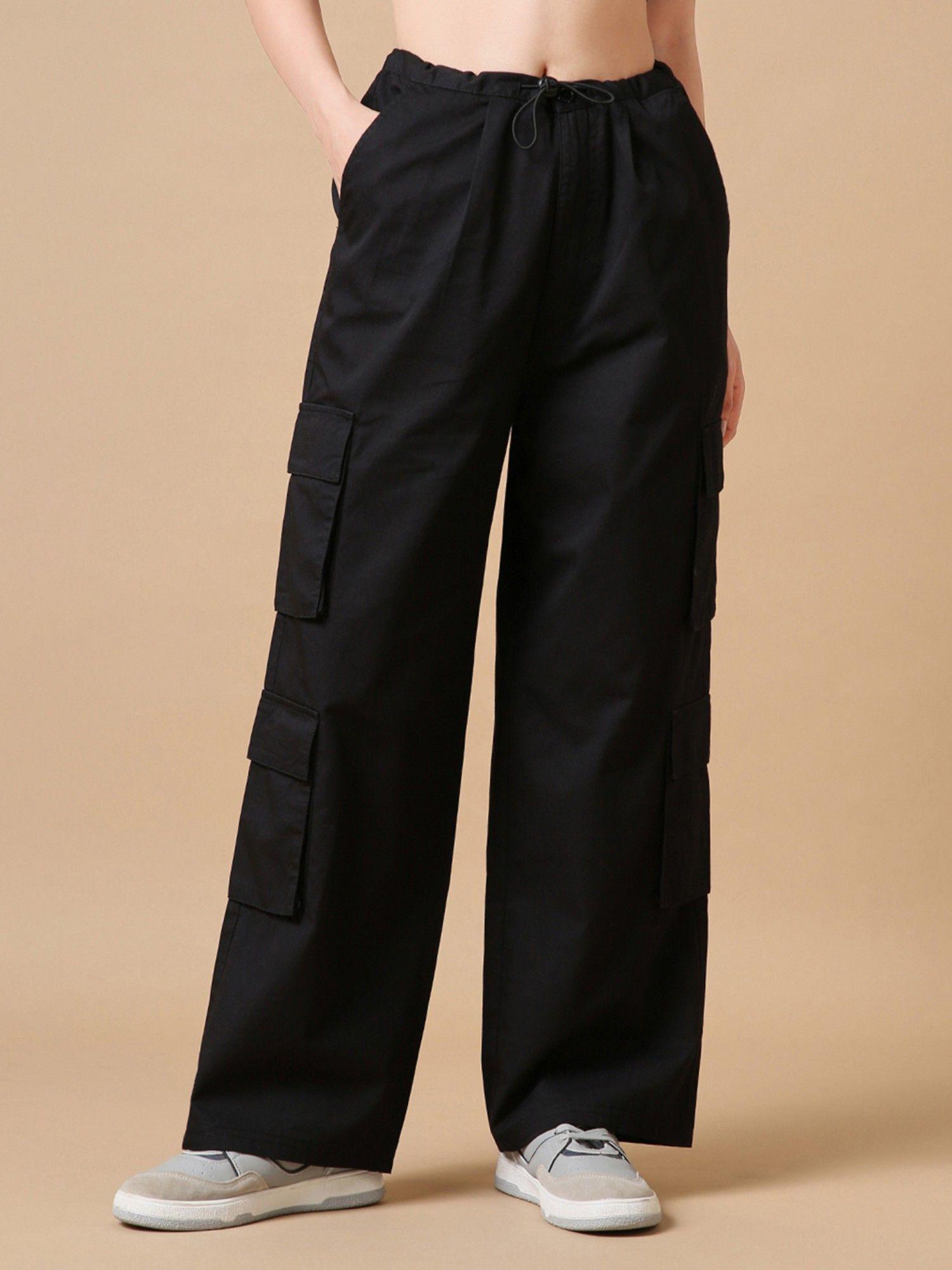 x womens black oversized cargo parachute pants