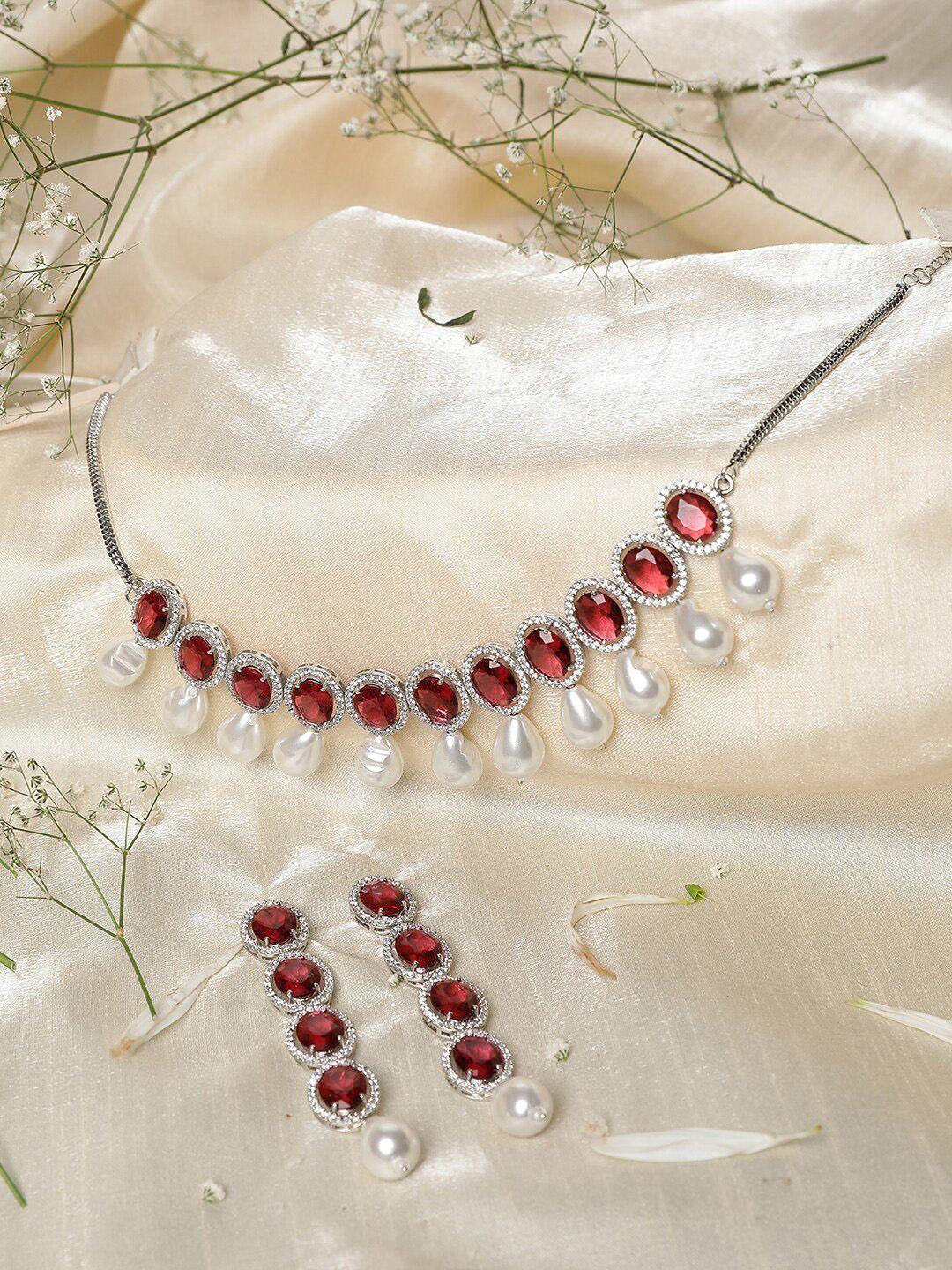 xago rhodium-plated american diamond studded & beaded jewellery set