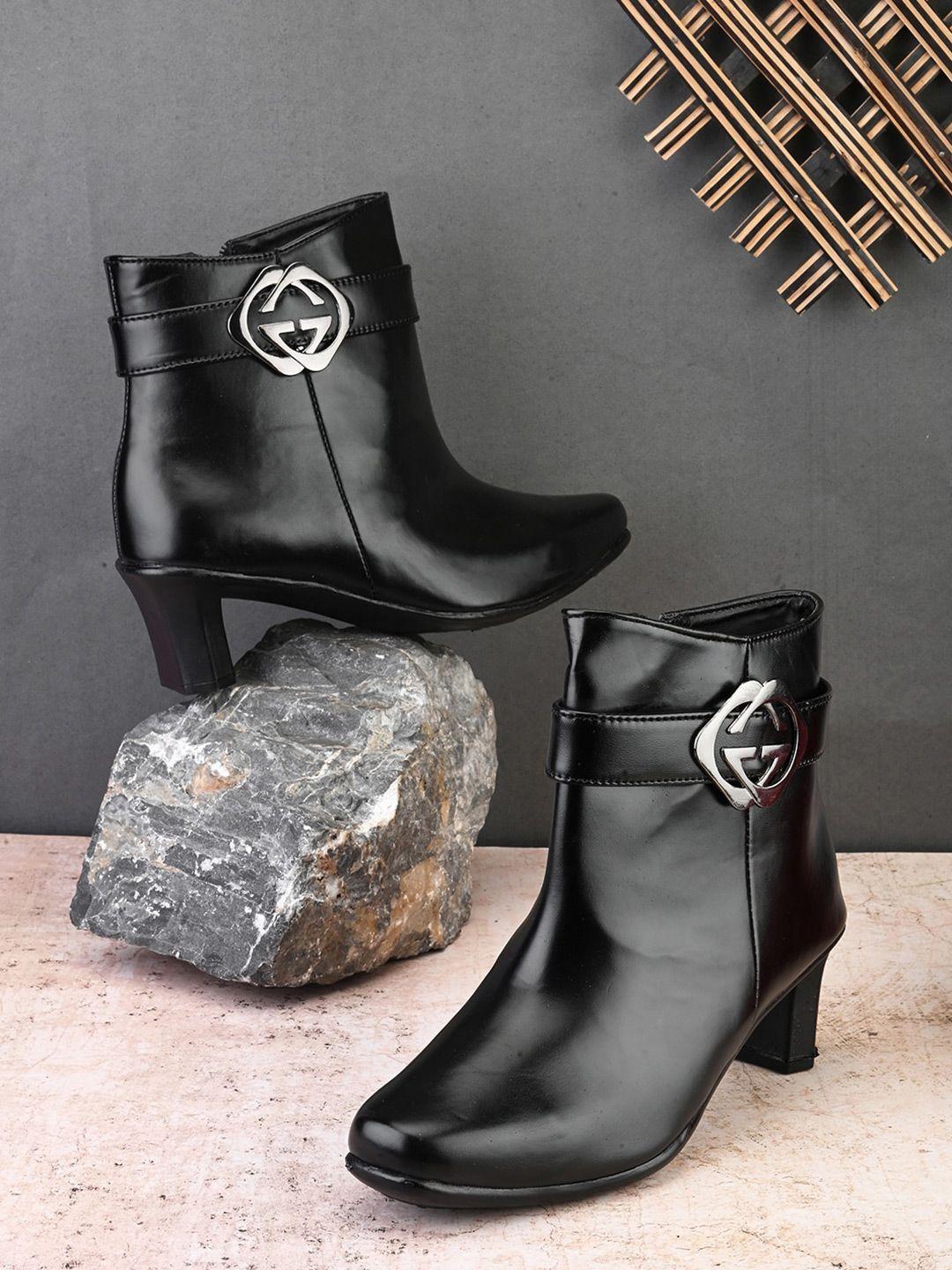 xe looks women embellished square toe mid-top block heeled chunky boots
