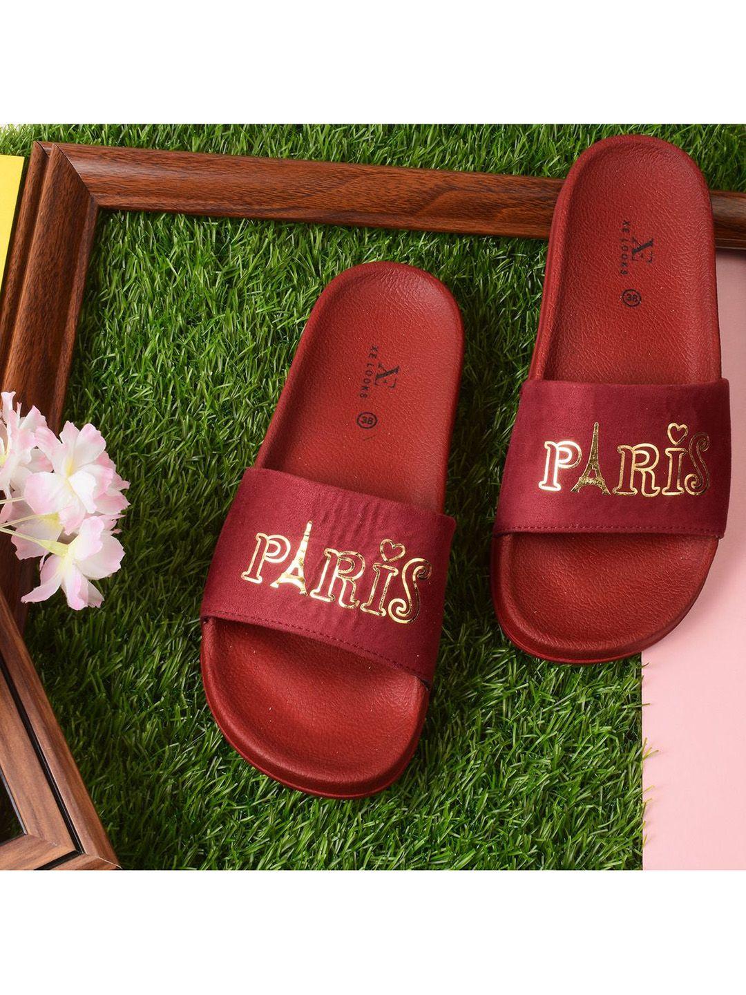 xe looks women maroon & gold-toned printed sliders