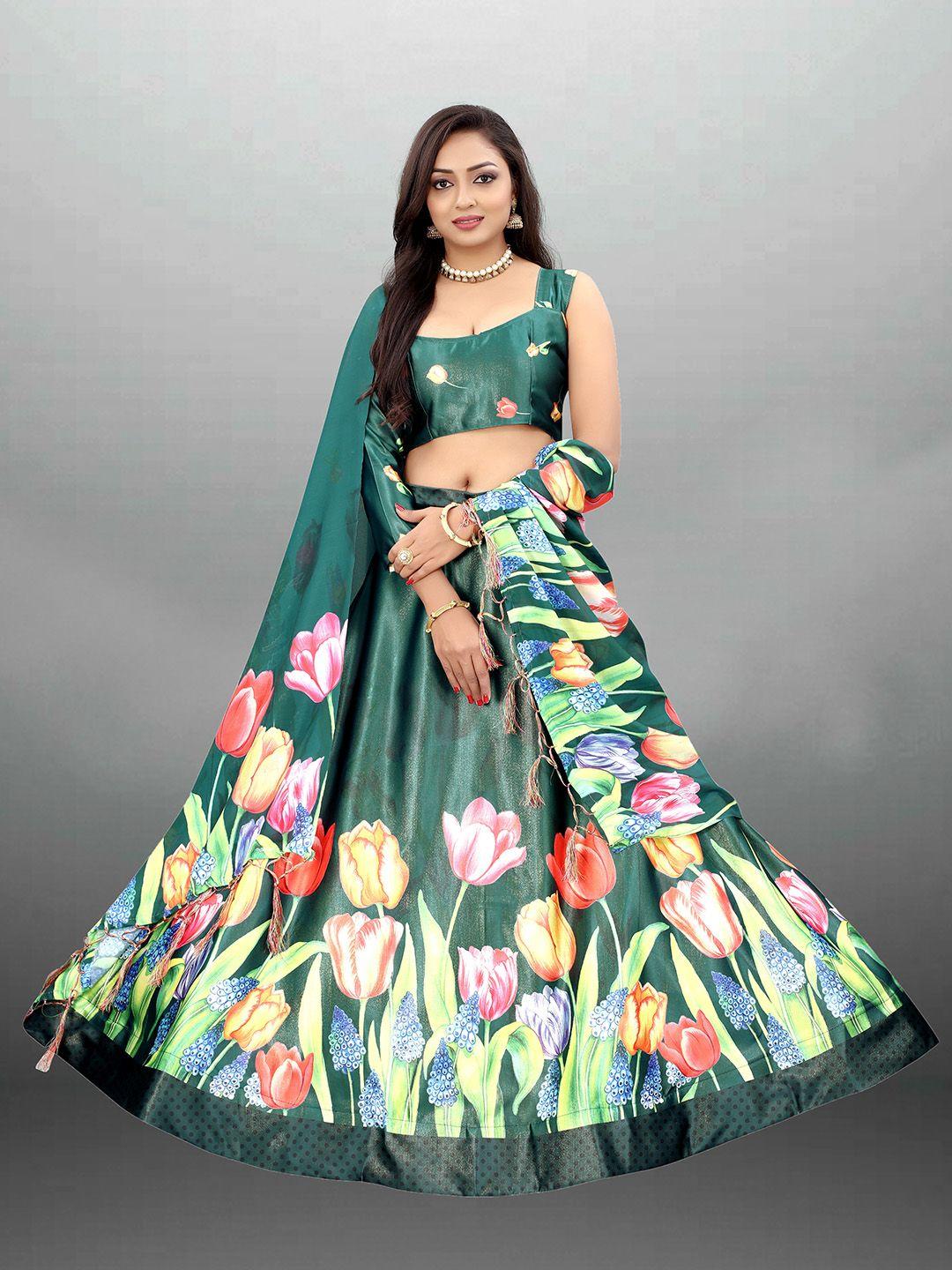 xenilla green & red printed semi-stitched lehenga & blouse with dupatta