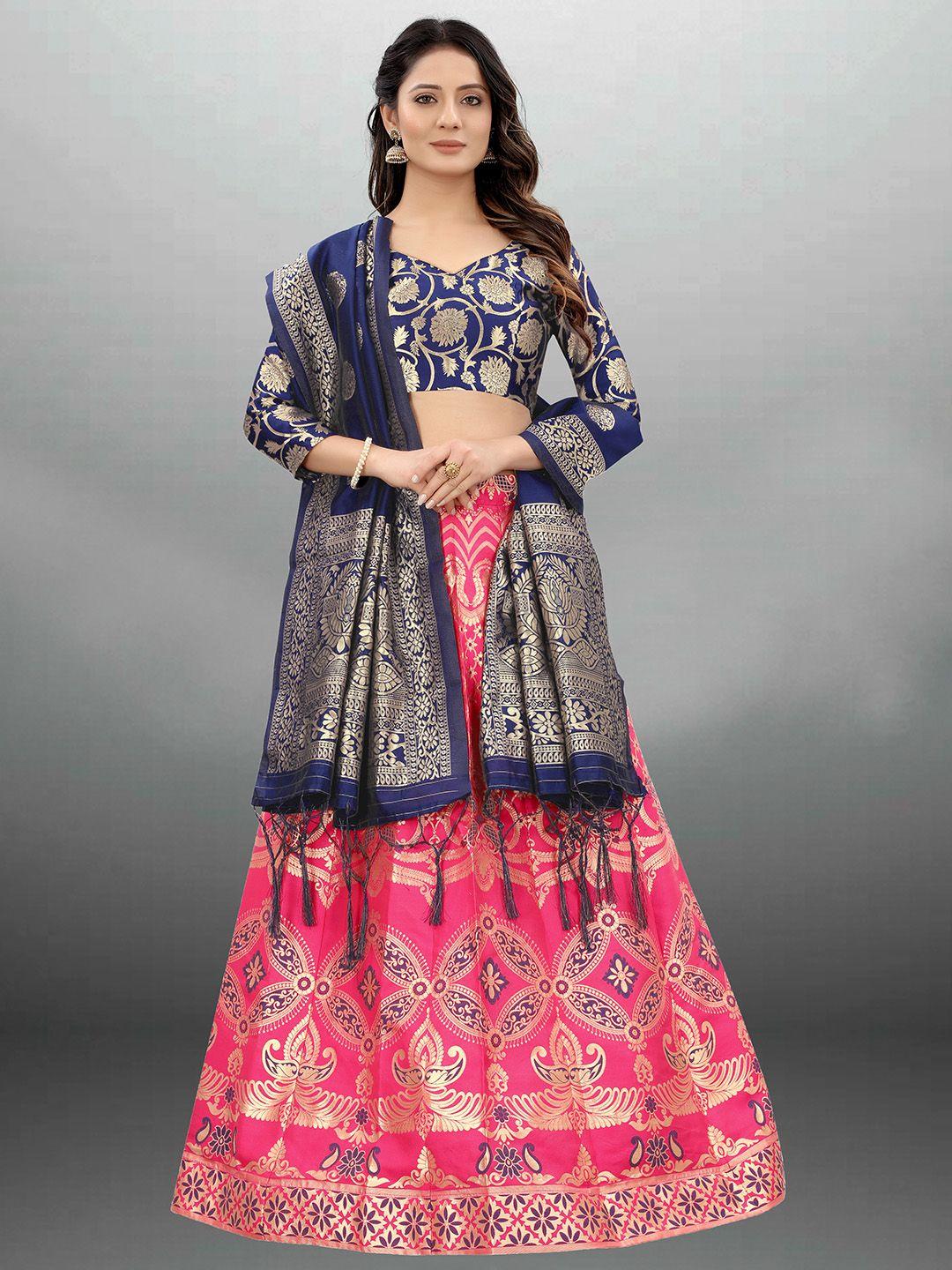 xenilla pink & blue printed semi-stitched lehenga & blouse with dupatta