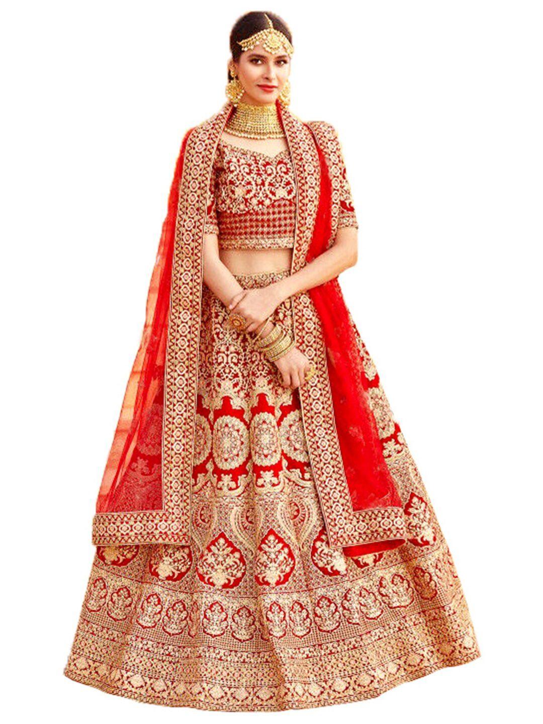xenilla red embroidered semi-stitched lehenga & blouse with dupatta