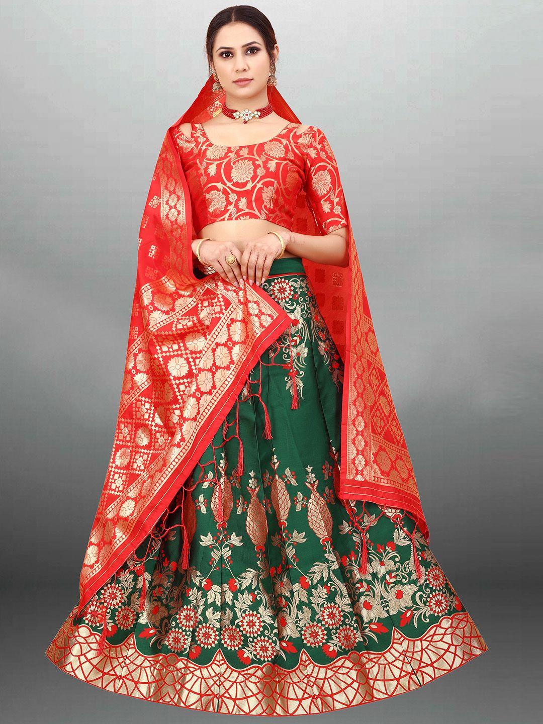 xenilla women green & red embroidered semi-stitched lehenga & blouse with dupatta