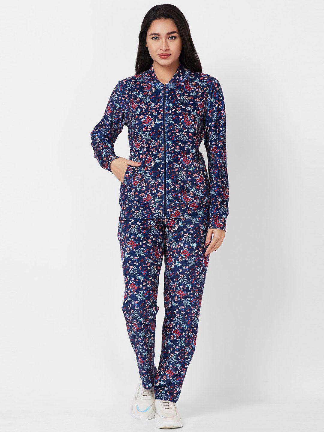 xin navy blue floral printed velour tracksuits