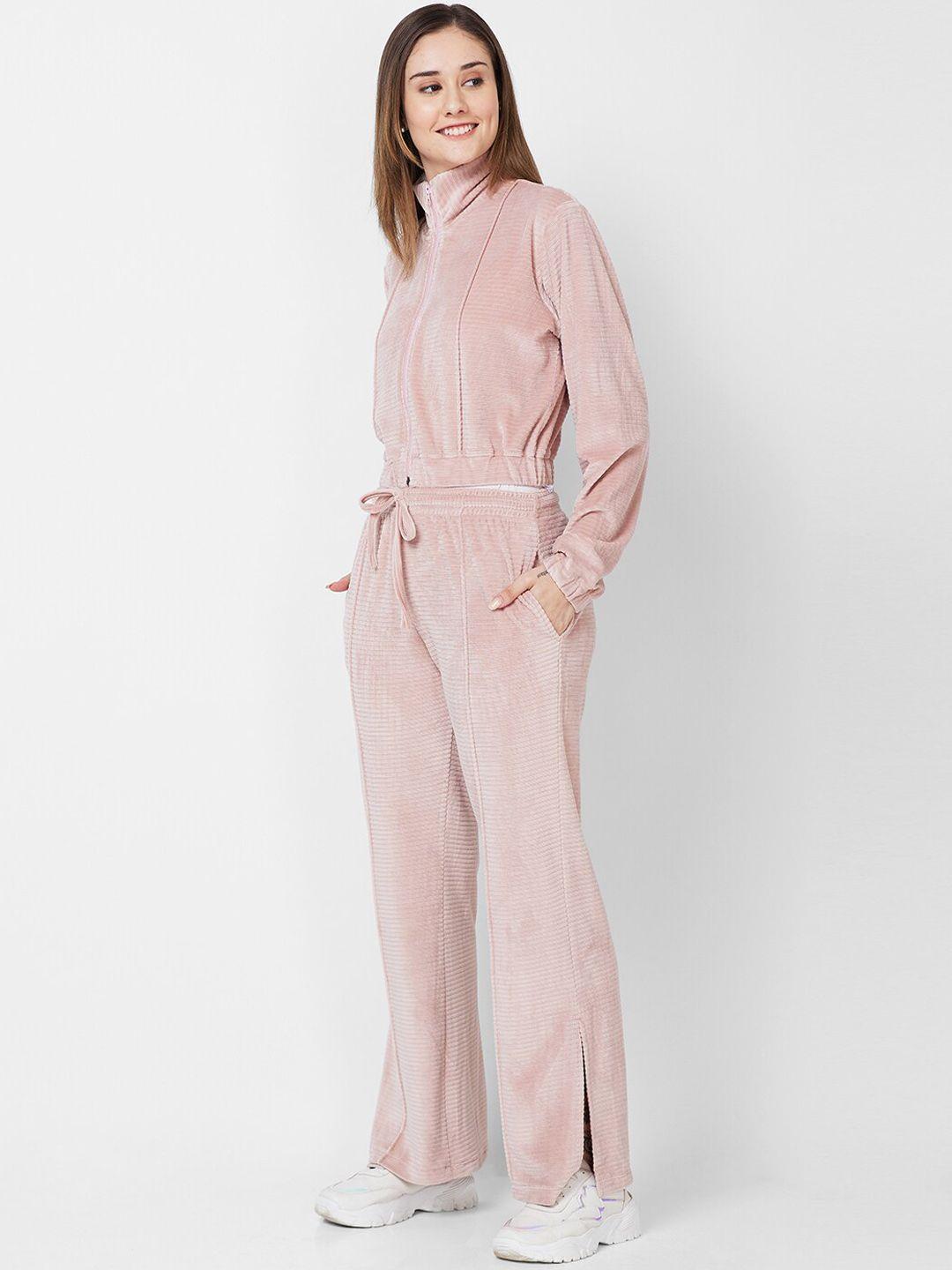 xin pink mock collar velour tracksuits
