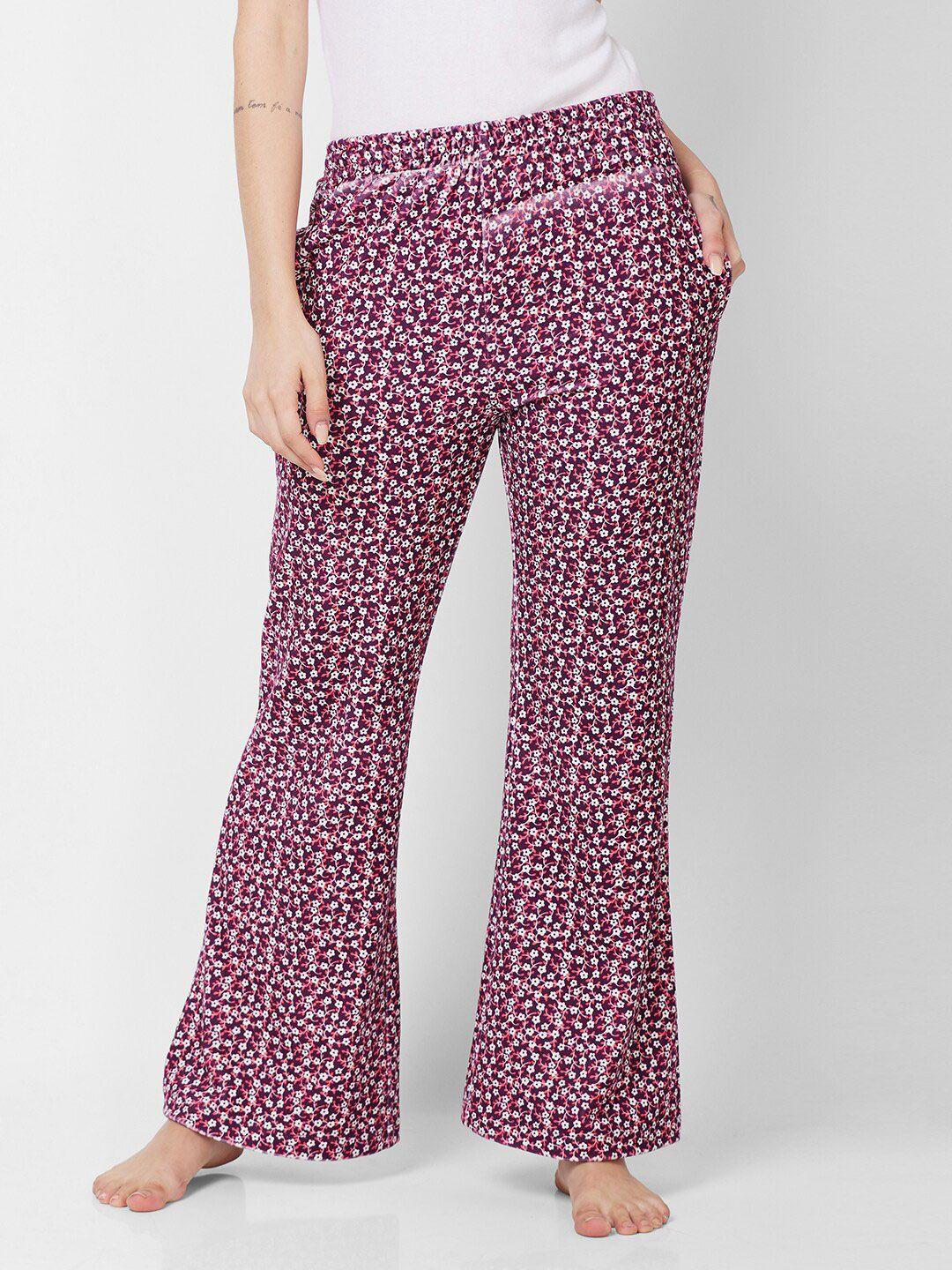 xin women burgundy & white floral printed flared lounge pants