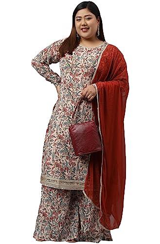 xl love - by janasya women's plus size beige digital floral printed georgette kurta with palazzo and dupatta(pset774-kr-pp-4xl)