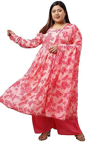 xl love - by janasya women's plus size peach georgette kurta with flared palazzo and dupatta(pj0449-kr-pp-4xl)