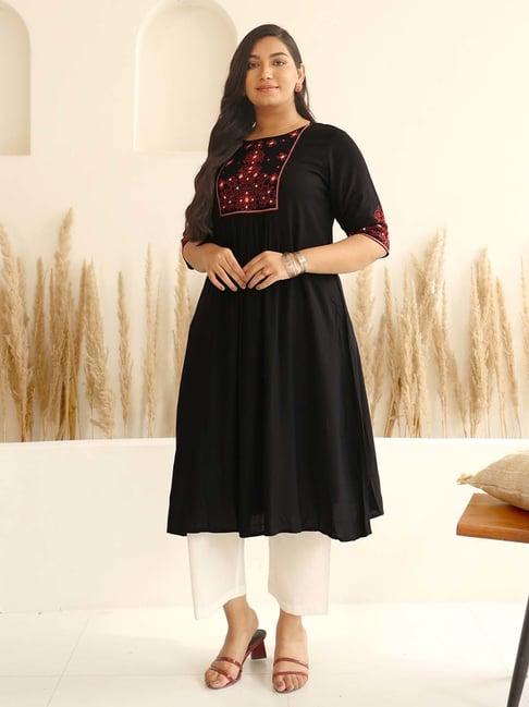 xl love by janasya black embroidered a line kurta