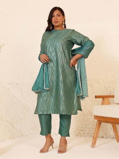 xl love by janasya green printed kurta pant set with dupatta