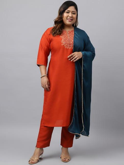 xl love by janasya orange embroidered kurta pant set with dupatta