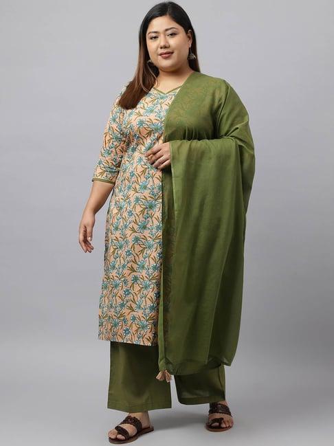 xl love by janasya peach & green cotton floral print kurta with palazzo & dupatta