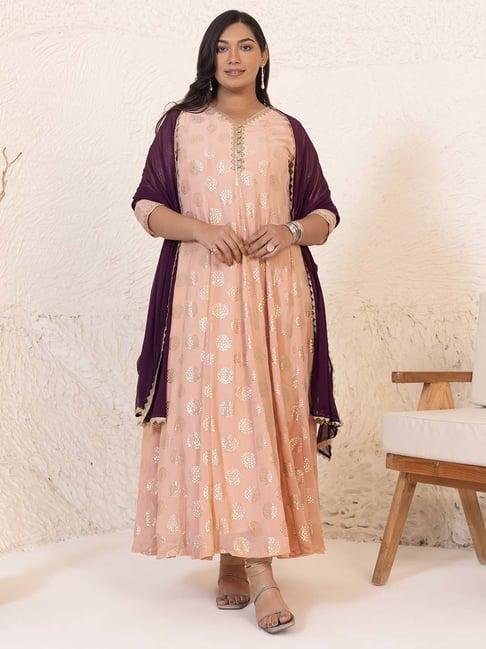 xl love by janasya peach printed flared kurta with dupatta