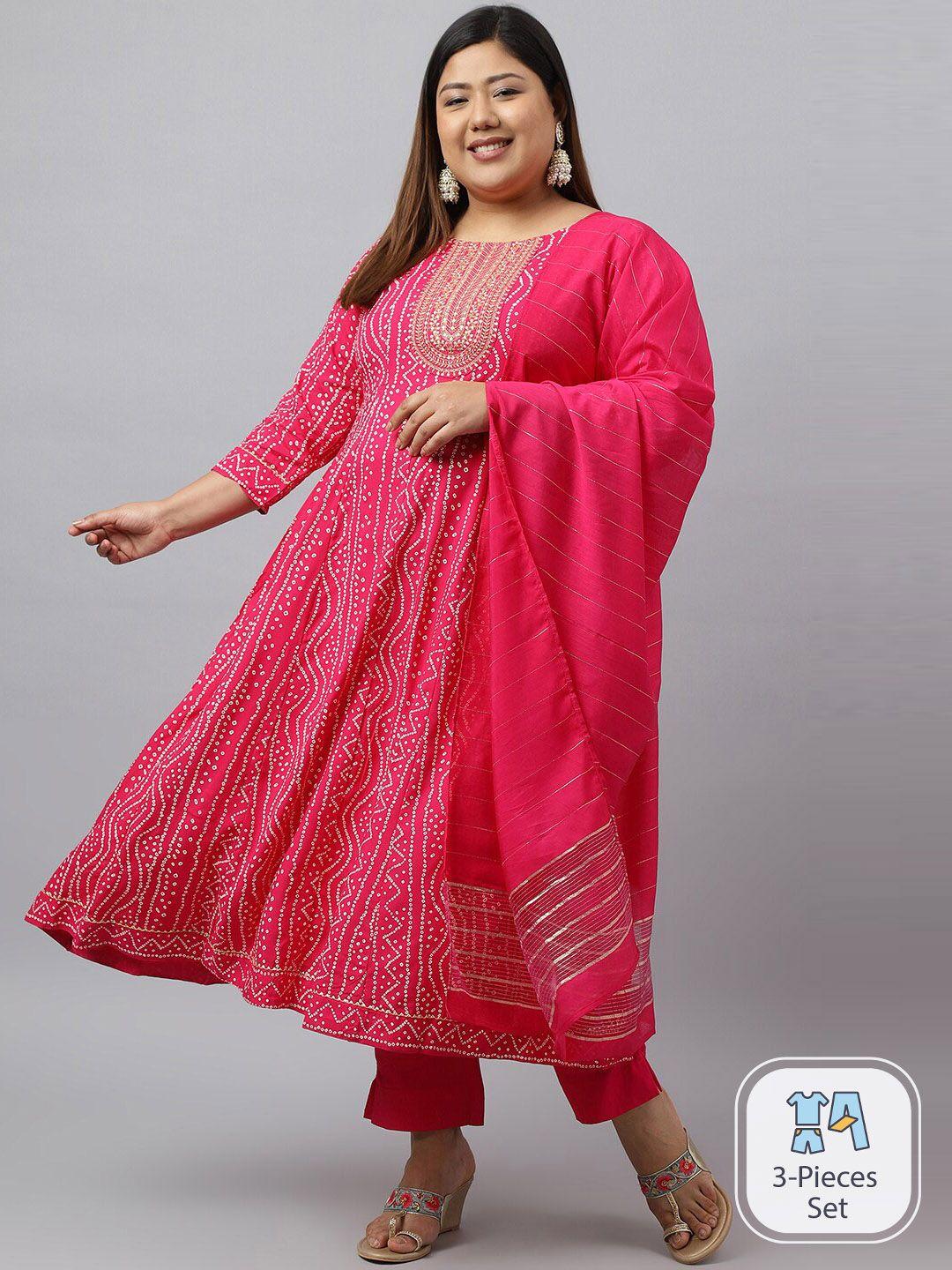 xl love by janasya plus size bandhani printed gotta patti kurta with trousers & dupatta
