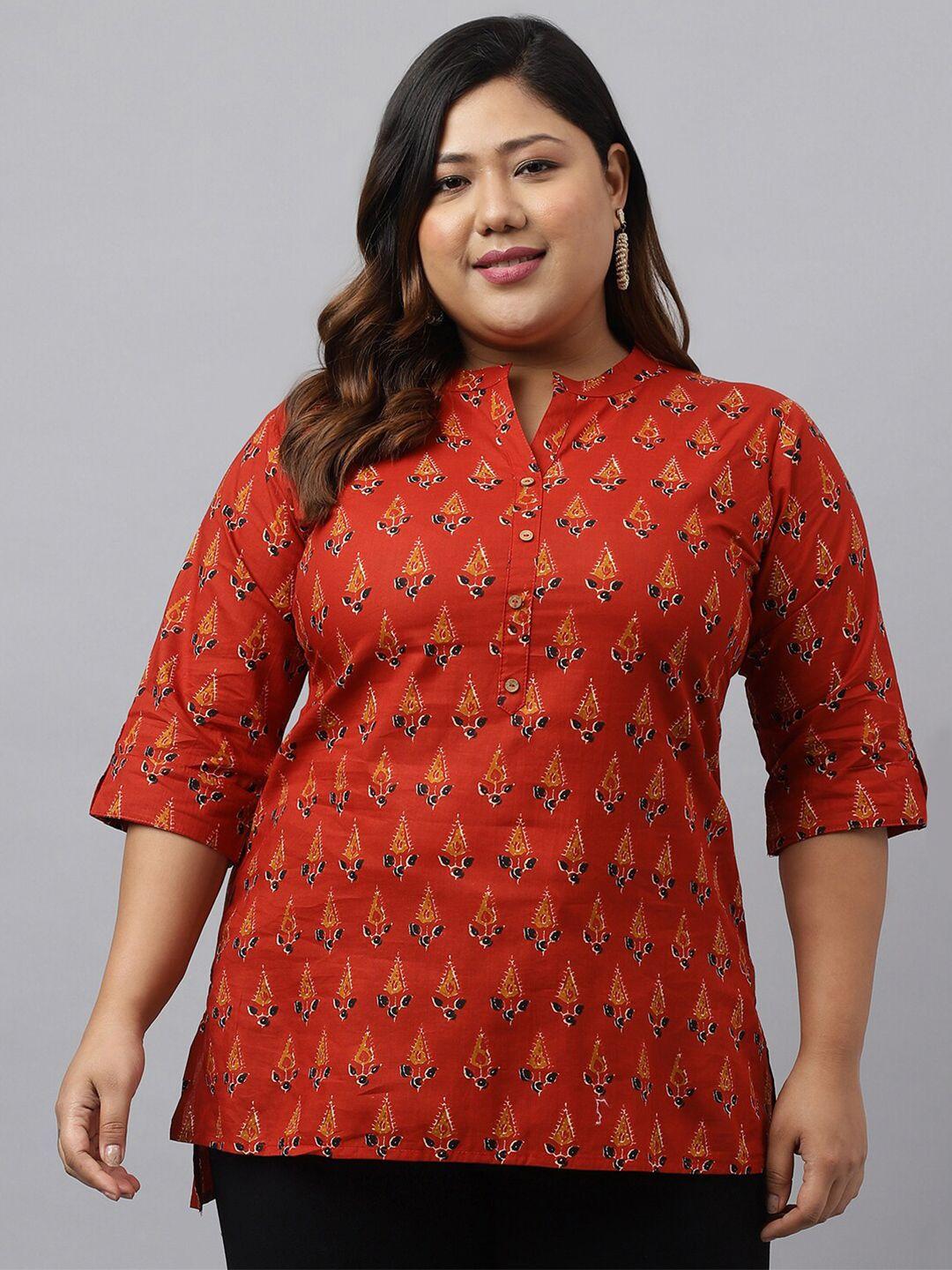 xl love by janasya plus size ethnic motifs printed mandarin collar longline cotton top