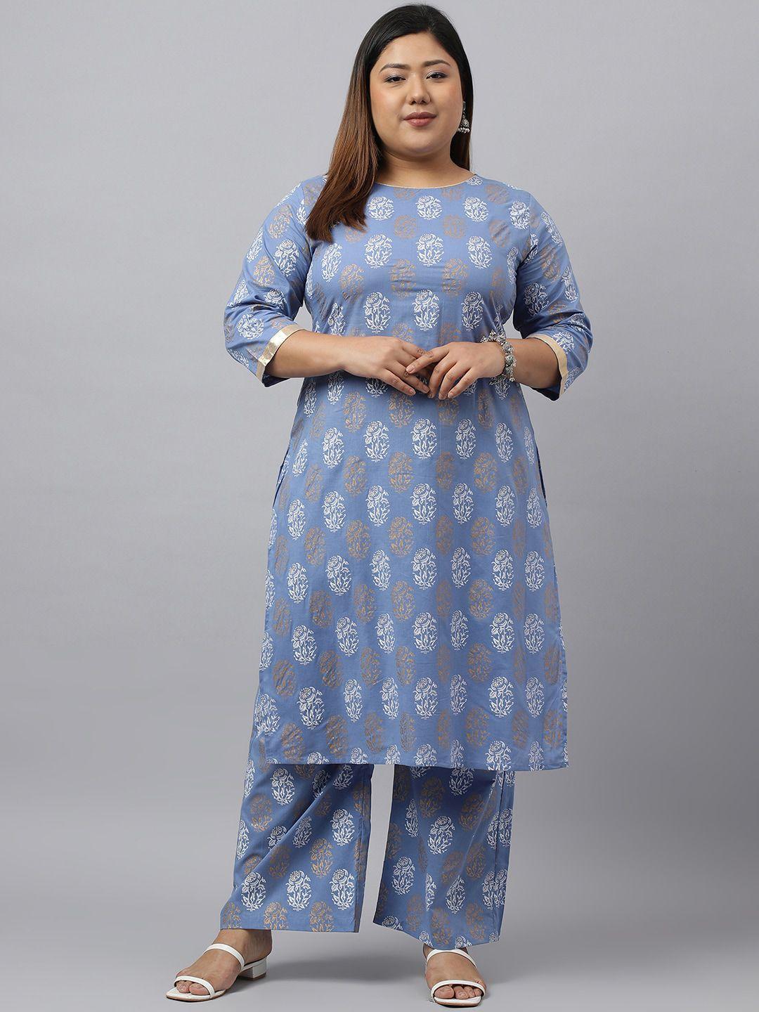 xl love by janasya plus size ethnic motifs printed pure cotton straight kurta with palazzo