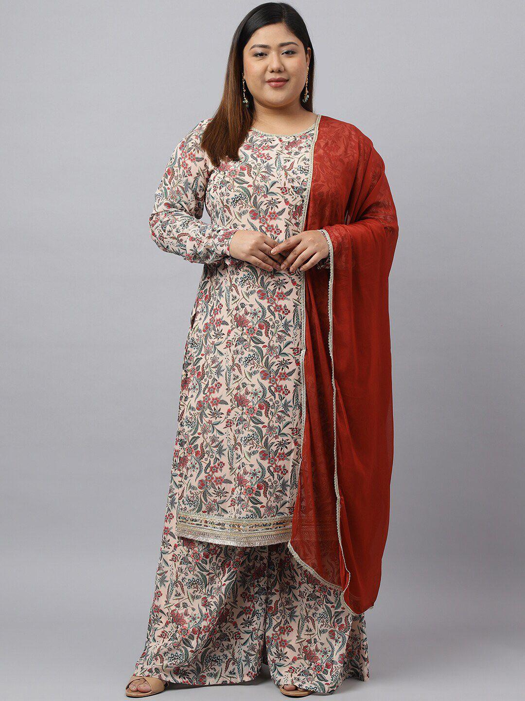 xl love by janasya plus size floral printed gotta patti kurta with palazzos & dupatta