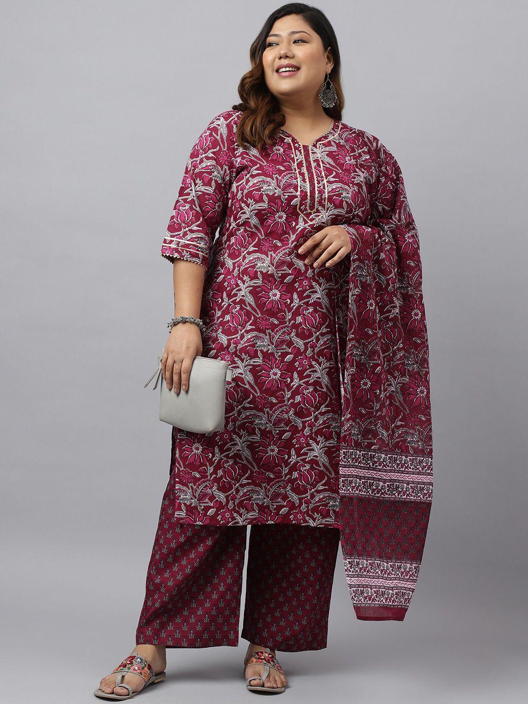 xl love by janasya plus size floral printed pure cotton kurta & palazzo with dupatta