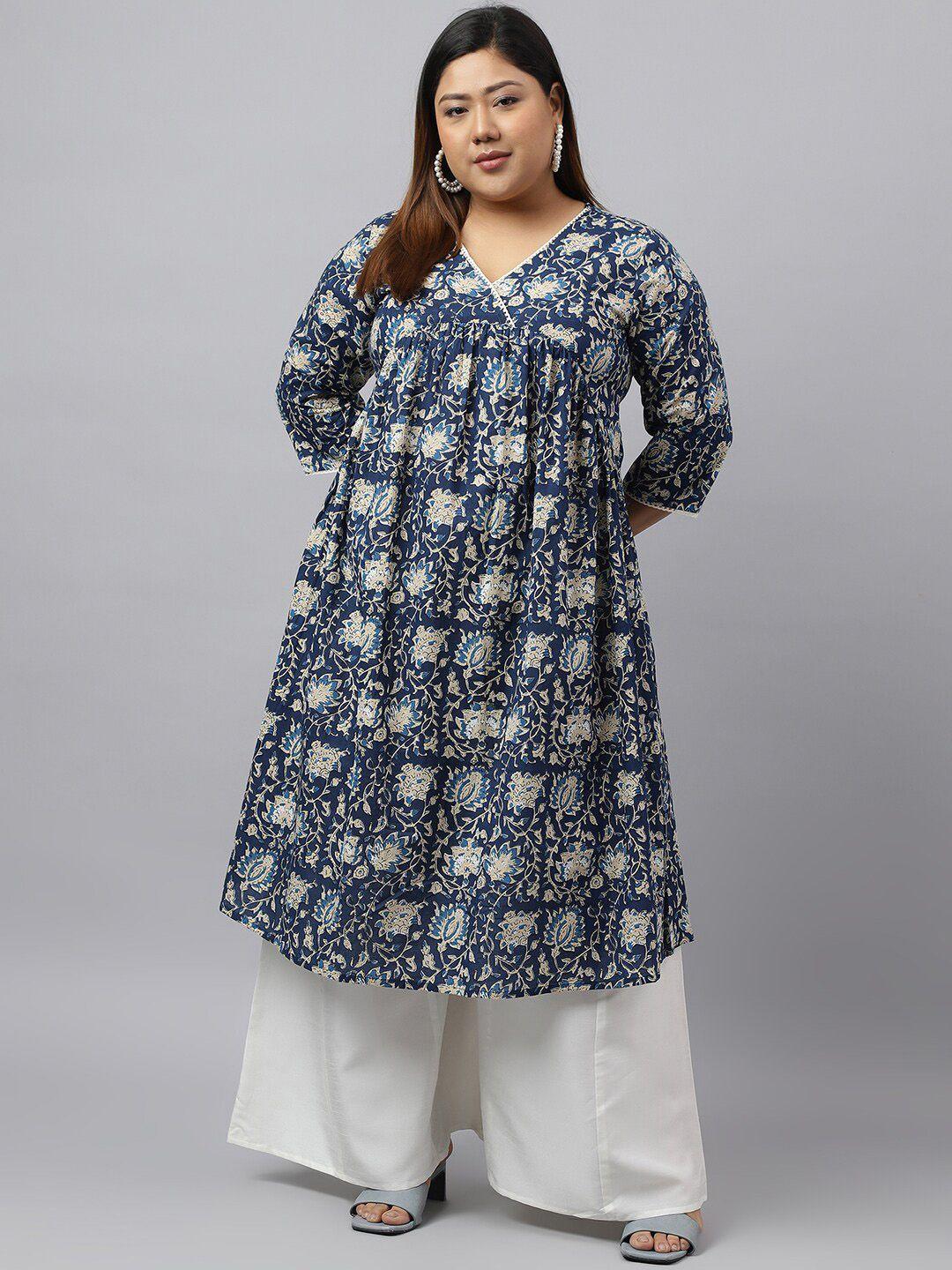 xl love by janasya plus size floral printed v-neck empire a-line cotton kurta
