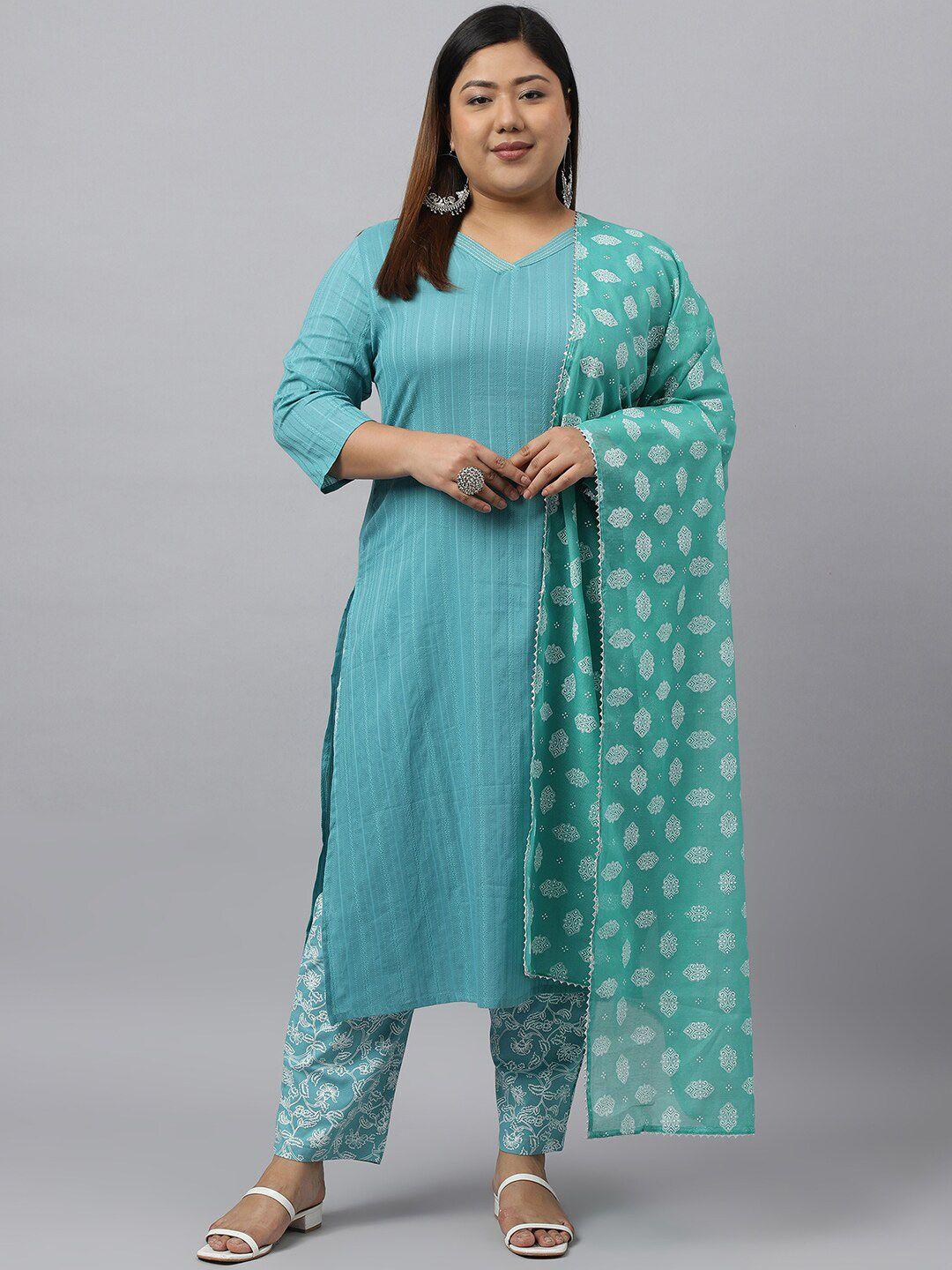 xl love by janasya plus size printed pure cotton regular kurta with trousers & dupatta