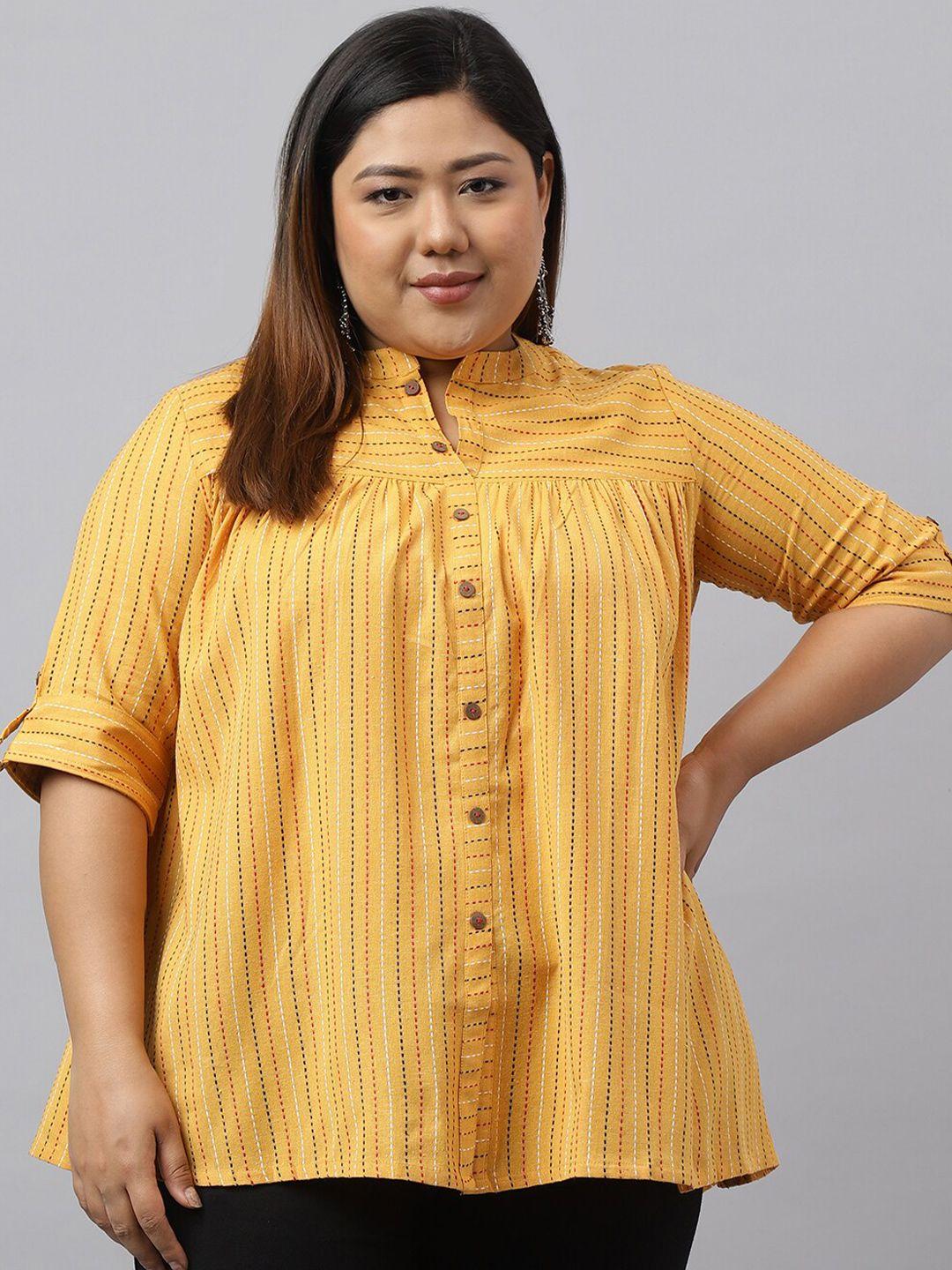xl love by janasya plus size striped roll-up sleeves cotton shirt style top