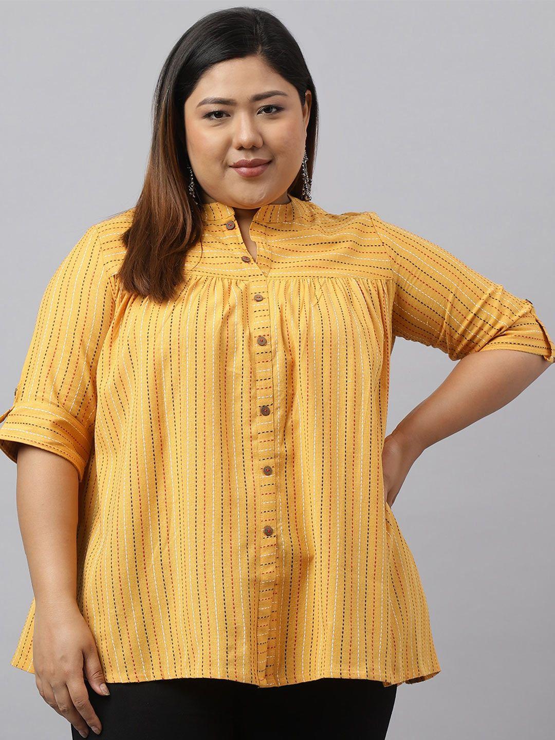 xl love by janasya plus size striped roll-up sleeves gathered cotton shirt style top