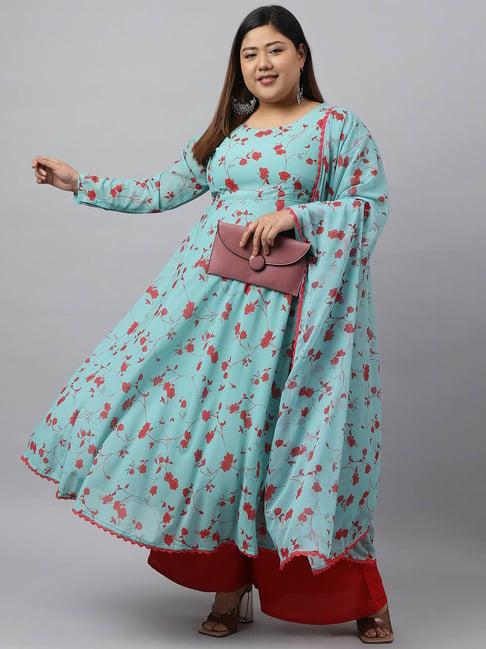 xl love by janasya sea green & red georgette floral print kurta with palazzo & dupatta