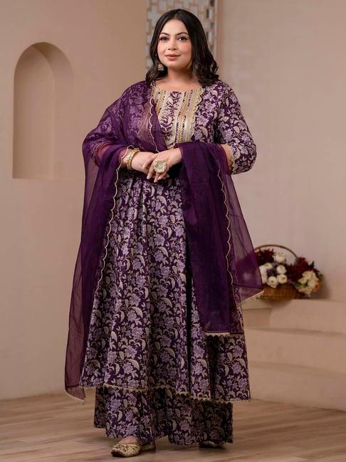 xl love by janasya violet cotton floral print kurta with palazzo & dupatta