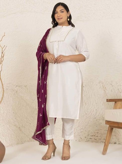 xl love by janasya white relaxed fit kurta pant set with dupatta