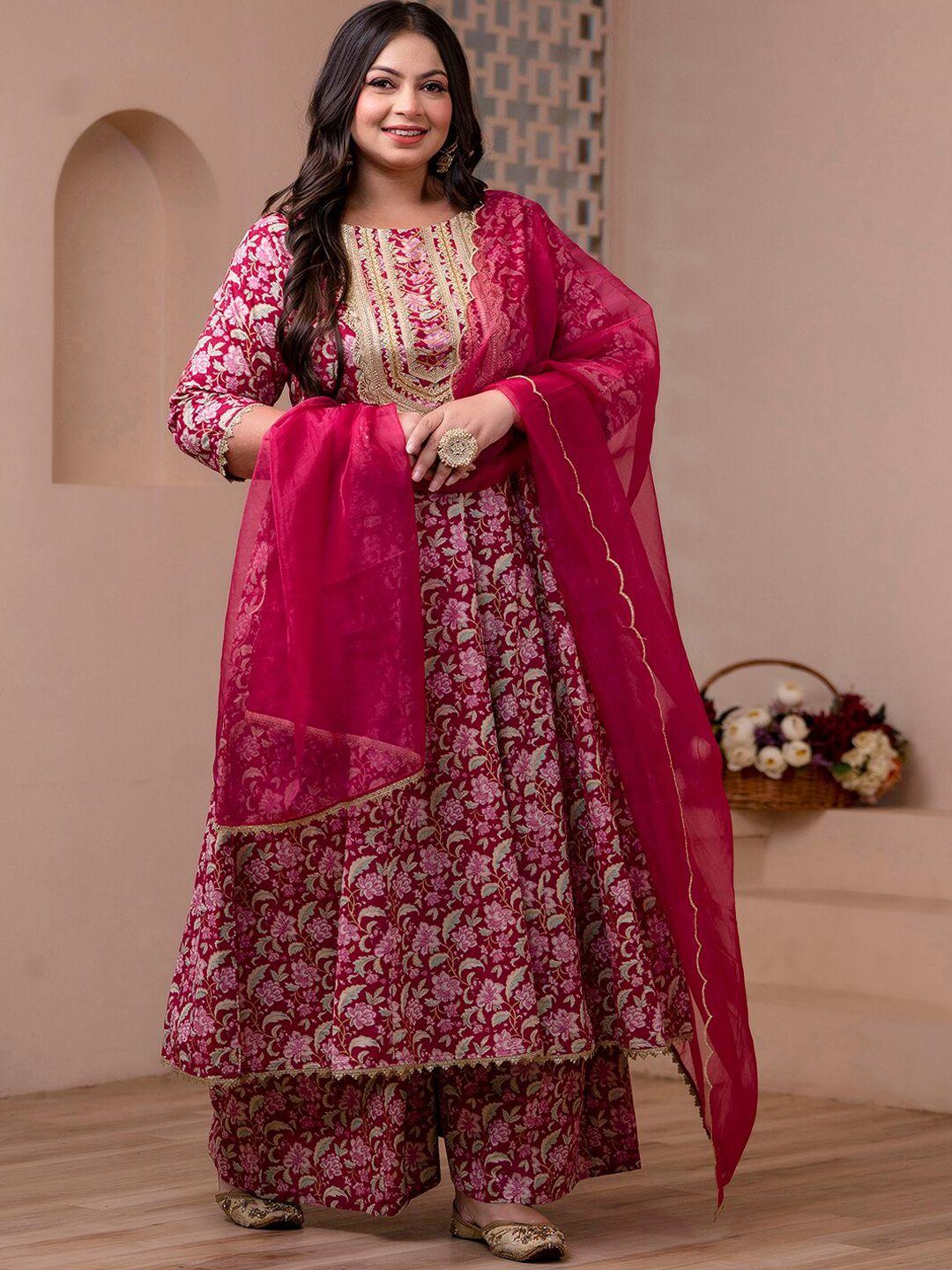 xl love by janasya women pink floral yoke design tiered gotta patti pure cotton kurta with palazzos & with