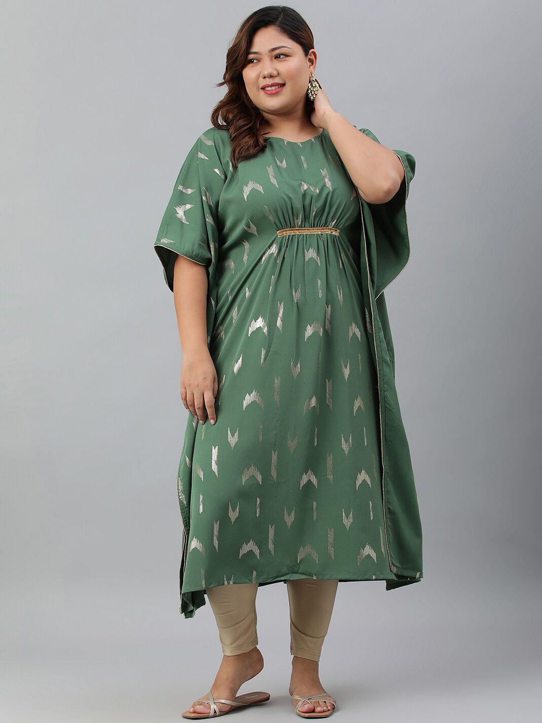 xl love by janasya women plus size green poly crepe foil print kaftan kurta