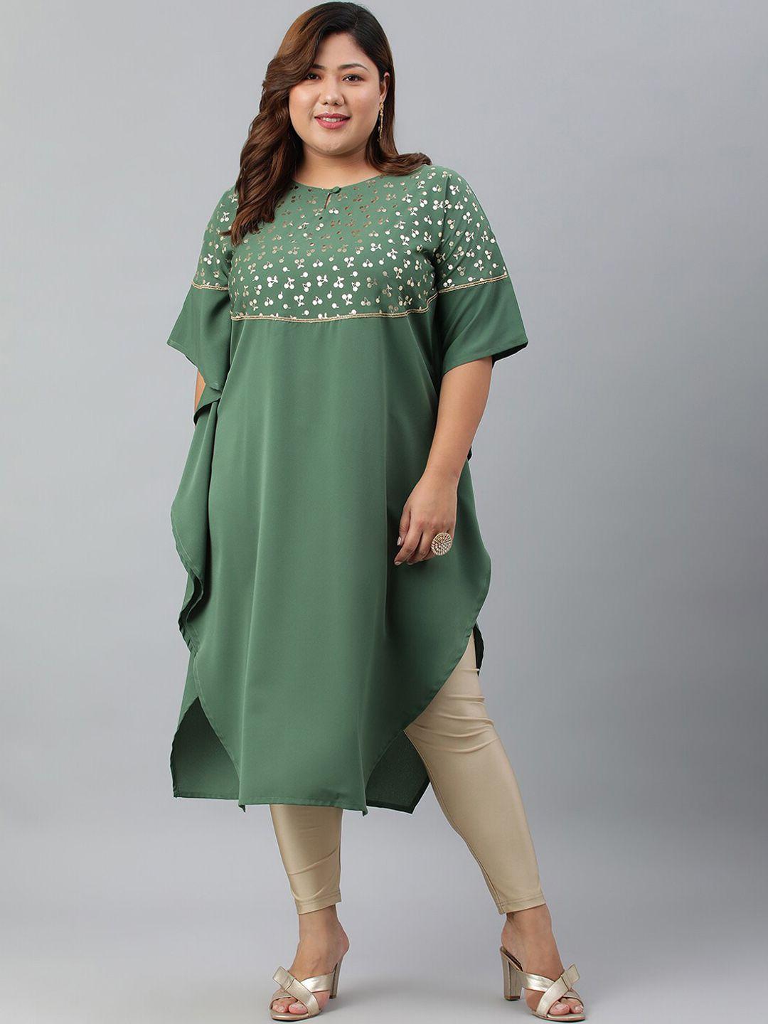 xl love by janasya women plus size green poly crepe foil print kaftan kurta