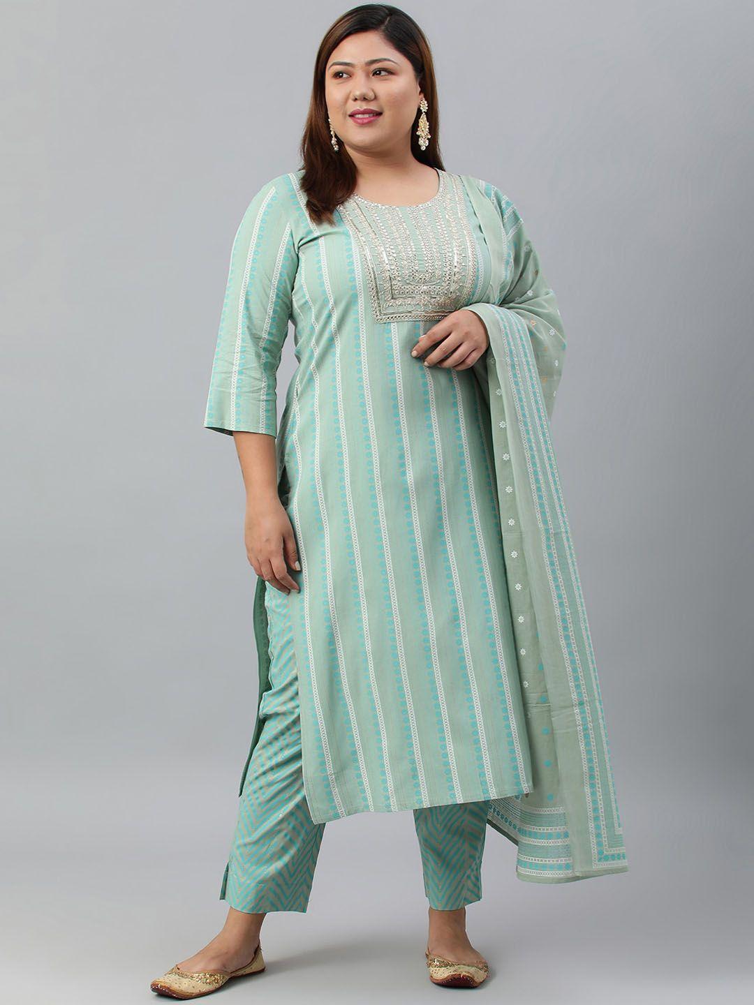 xl love by janasya women plus size mint green rayon kurta with pant and dupatta