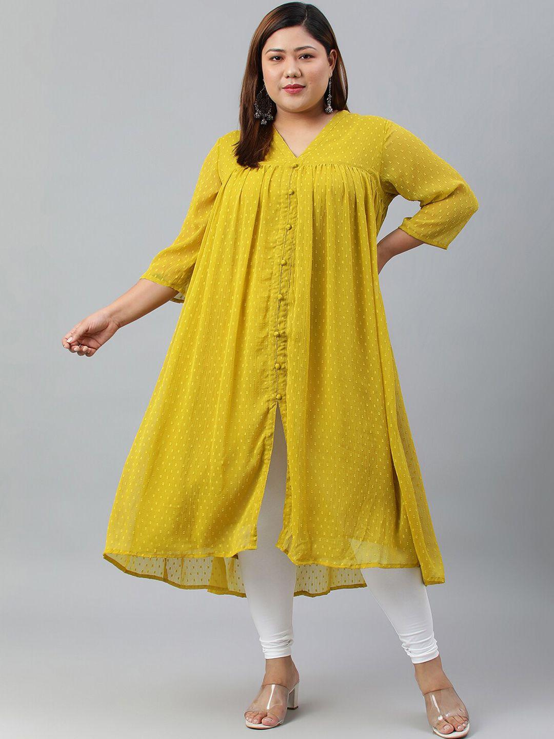 xl love by janasya women plus size mustard yellow poly chiffon self design flared kurta