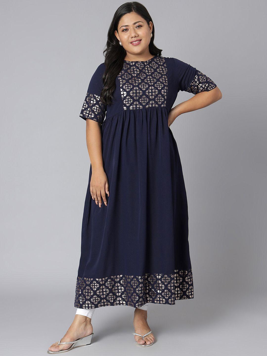 xl love by janasya women plus size navy blue geometric yoke design crepe anarkali kurta