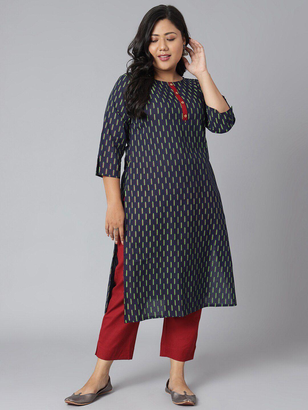 xl love by janasya women plus size navy blue printed kurta