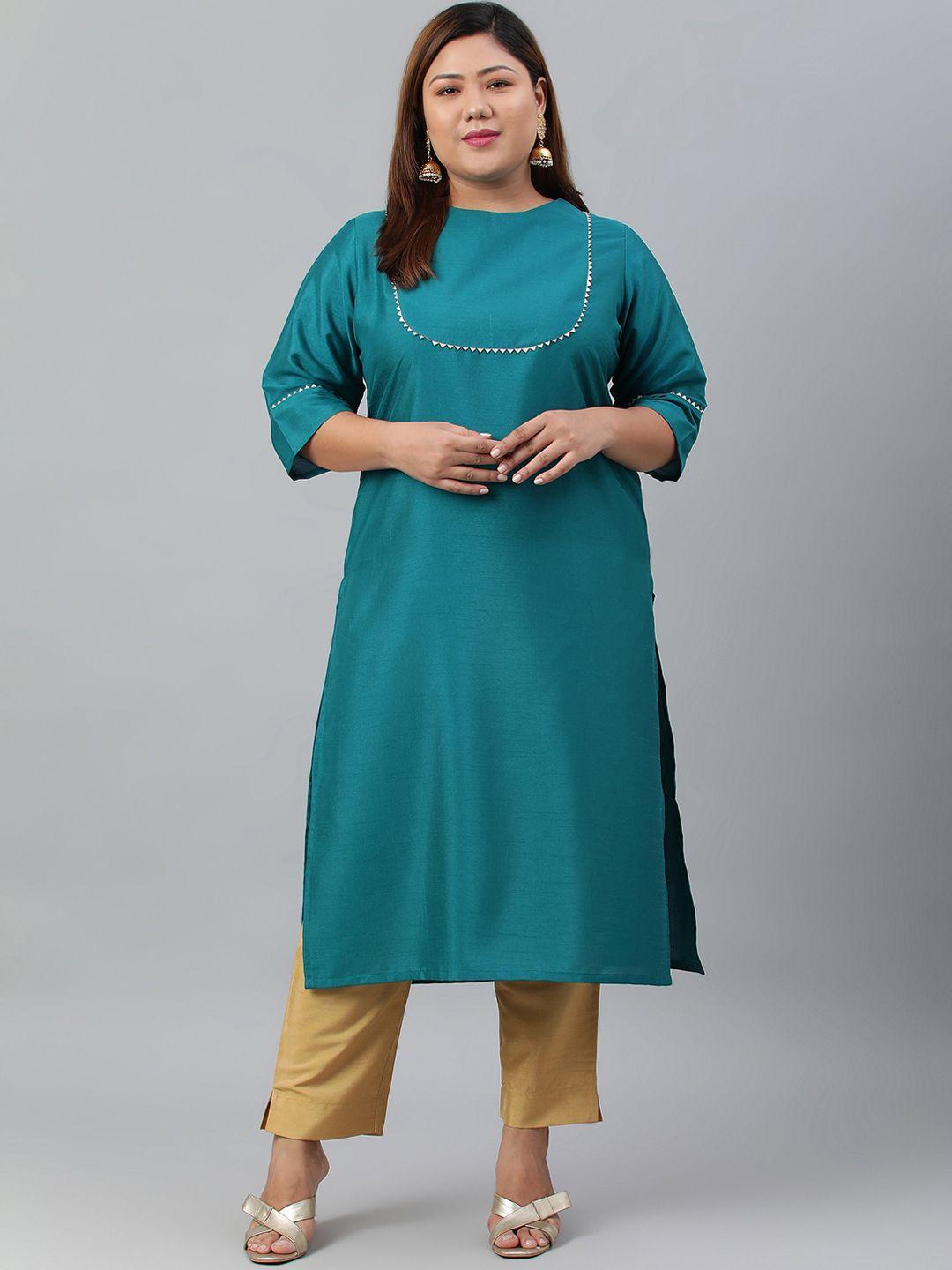 xl love by janasya women plus size teal green poly silk kurta with pant