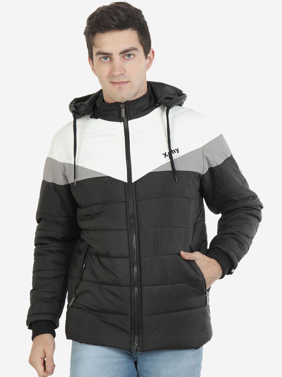 xohy men black & white colourblocked nylon lightweight padded jacket