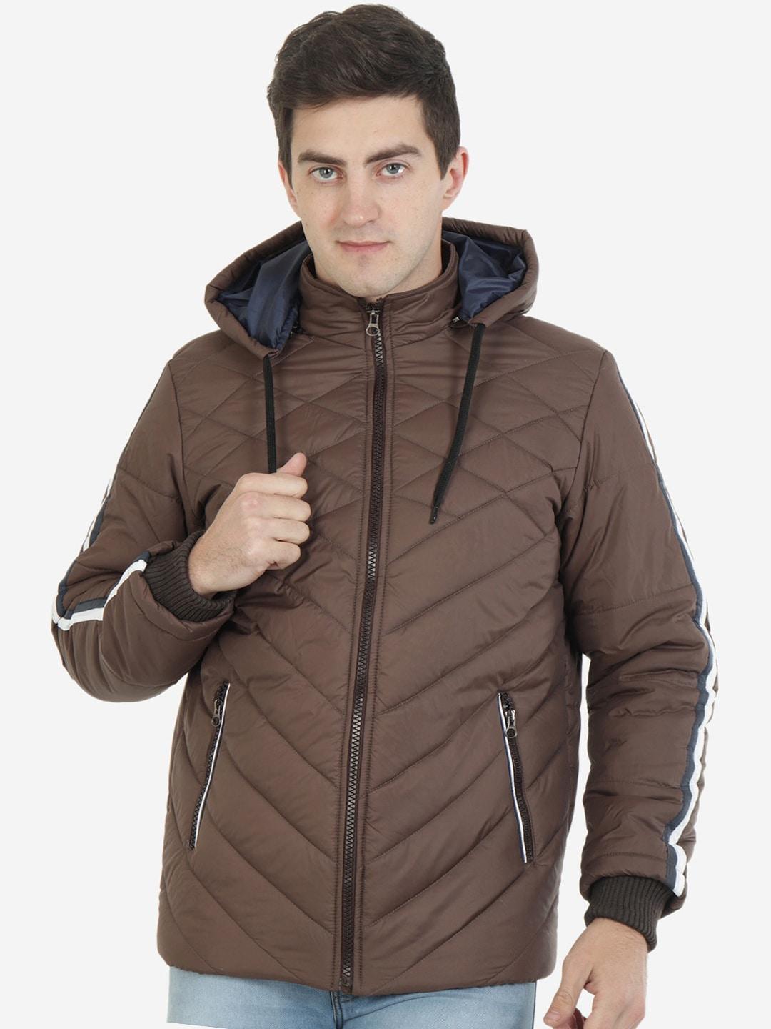 xohy men coffee brown solid nylon long sleeves  lightweight padded jacket