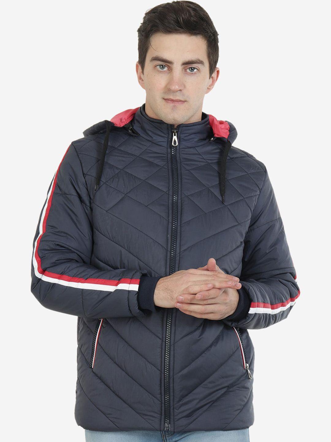 xohy men navy blue solid nylon long sleeves  lightweight padded jacket