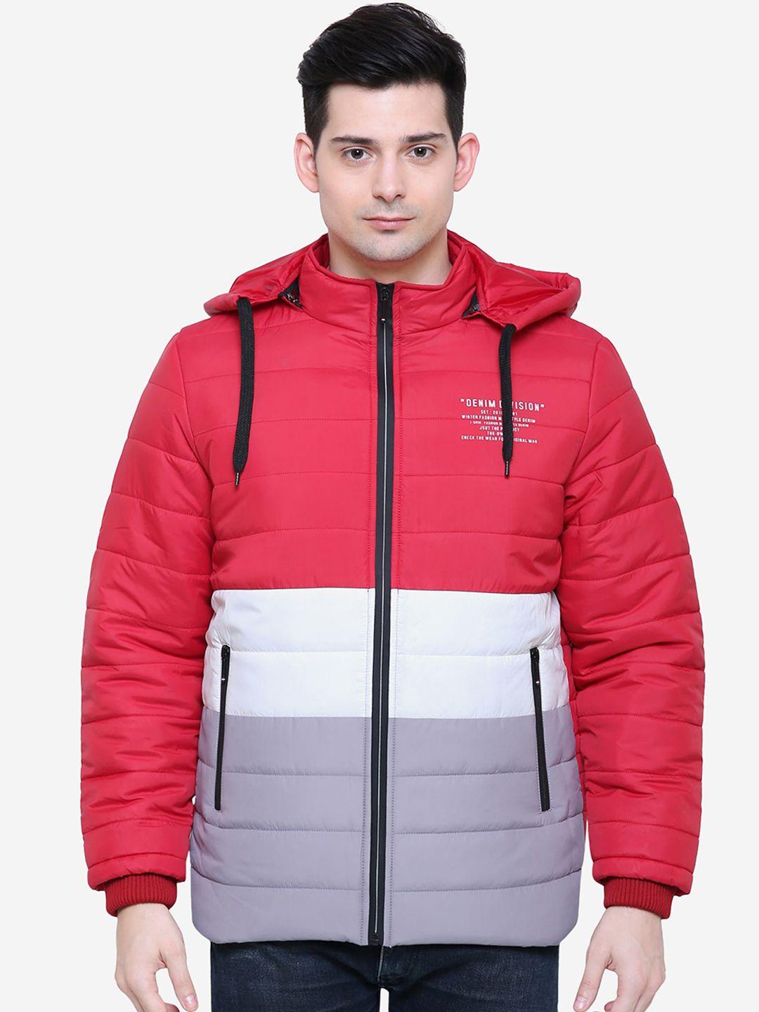 xohy men red colourblocked lightweight puffer jacket