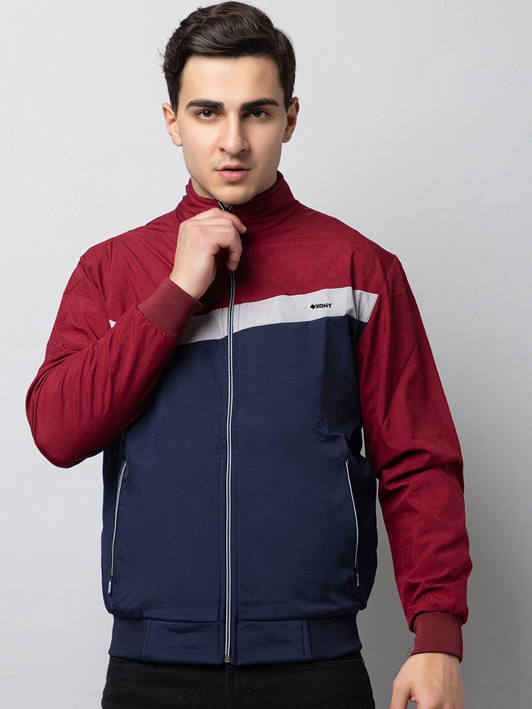 xohy colourblocked mock collar lightweight bomber jacket