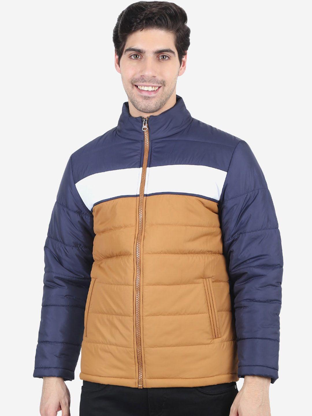 xohy men mustard navy blue colourblocked lightweight padded jacket