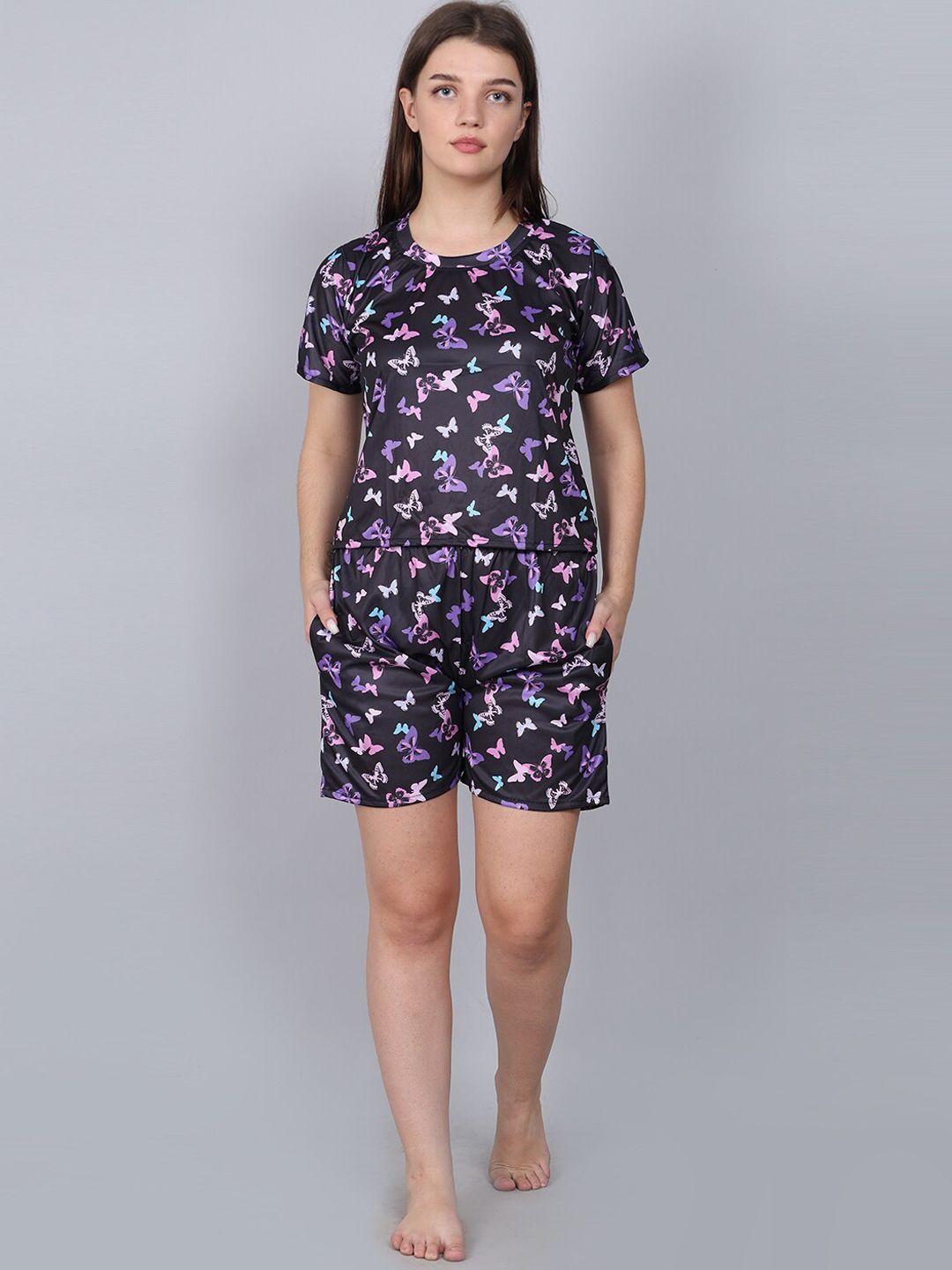 xpiox women black & purple printed night suit