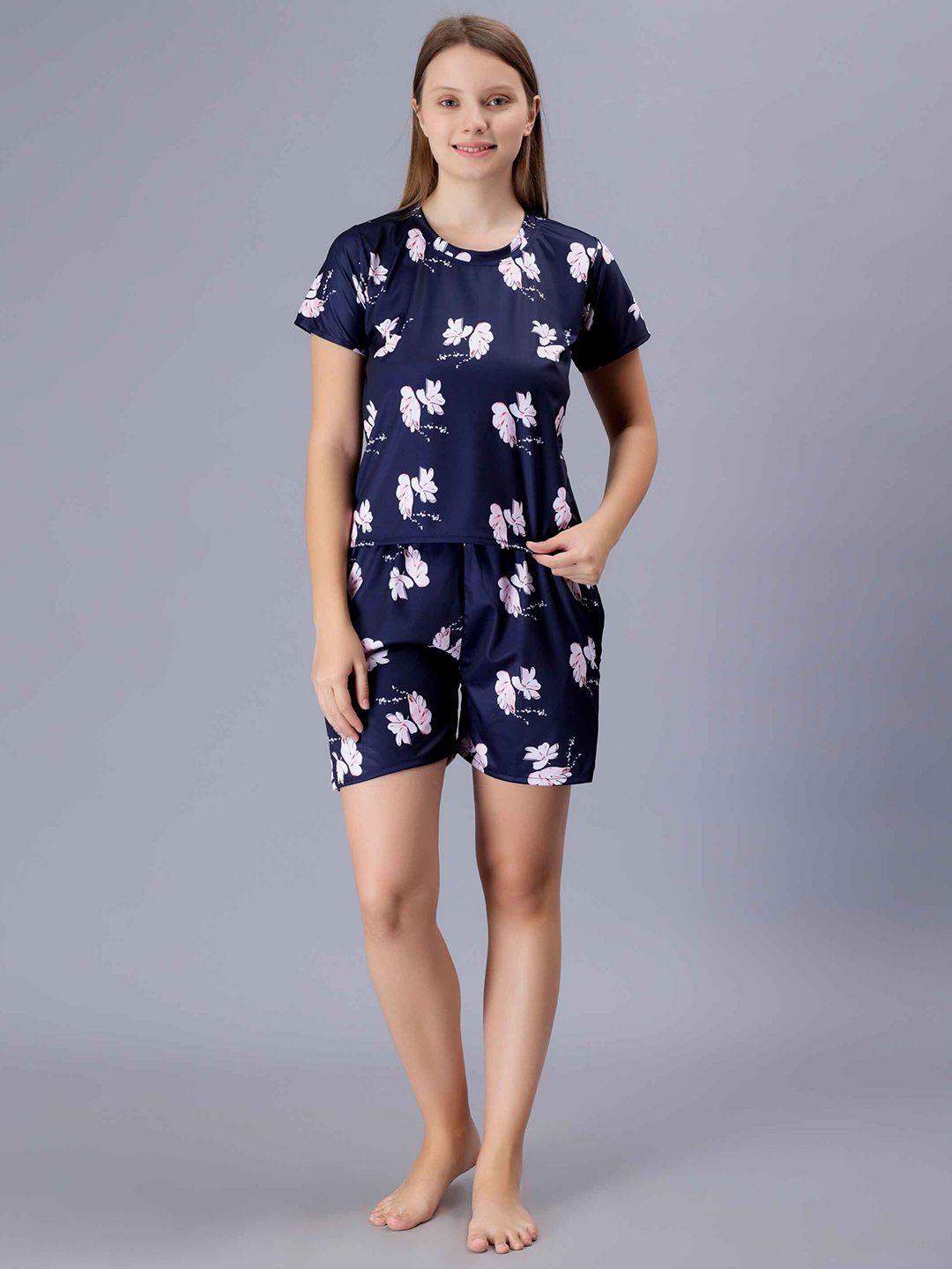 xpiox women navy blue printed night suit