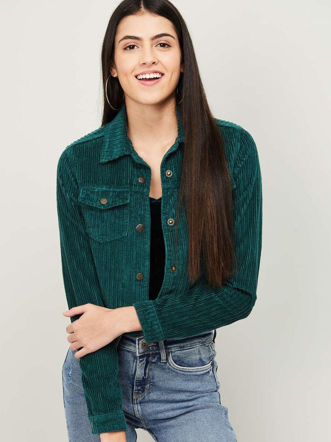 xpose women green striped corduroy lightweight crop denim jacket