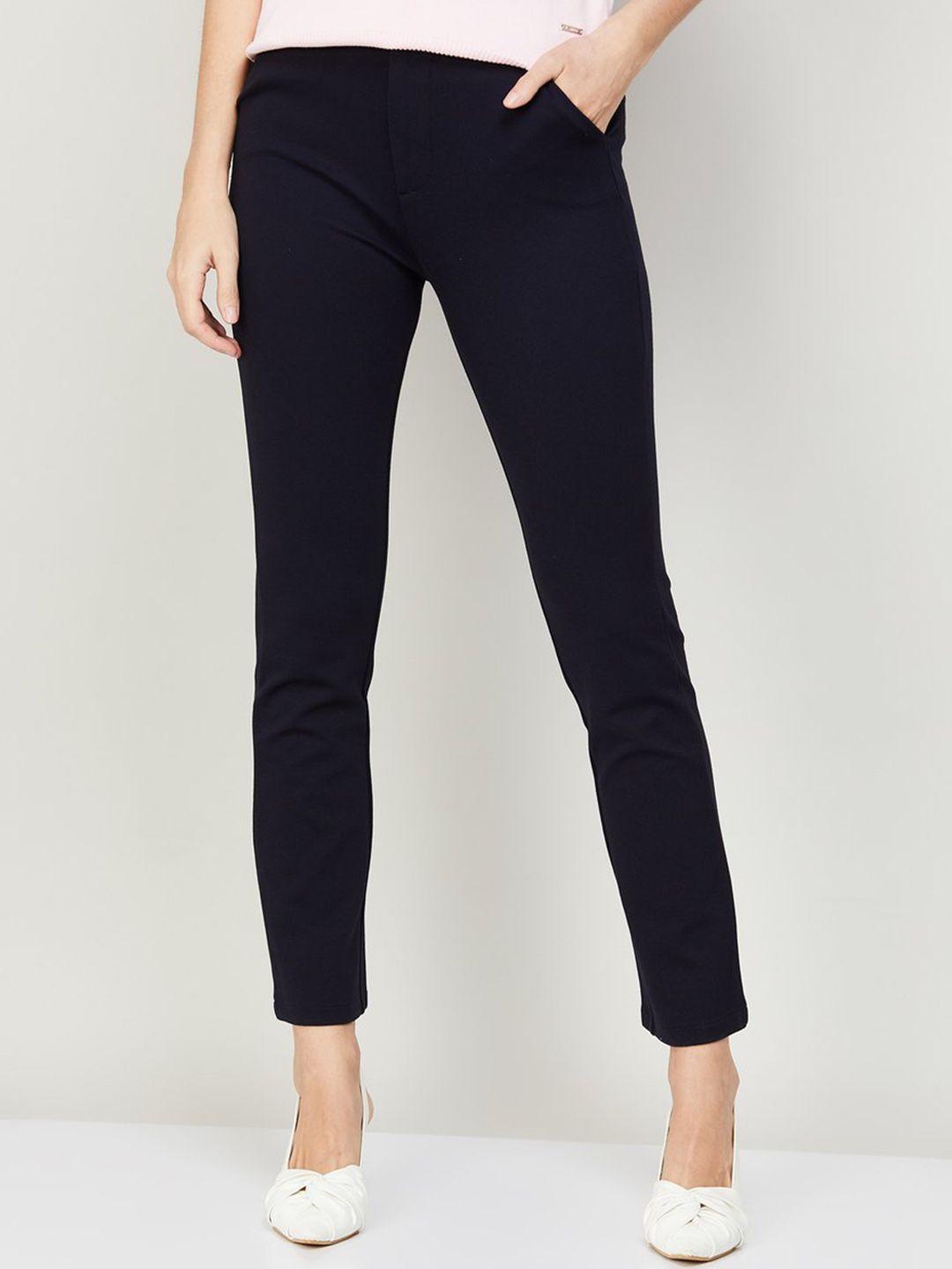 xpose women navy blue comfort straight fit high-rise trousers